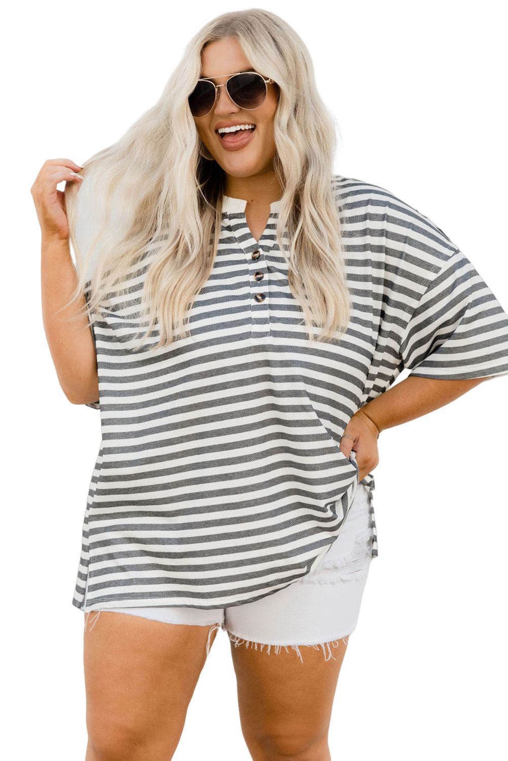 Striped Casual Plus Size Button Neck Henley Tee - Eloy Royal