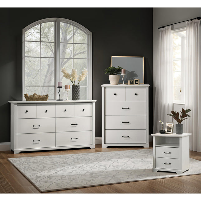 Elara 3-Piece White Bedroom Set with 57' 6-Drawer Dresser, 32' 4-Drawer Chest & 22' Nightstand with USB Charging Ports, Black Metal Handles