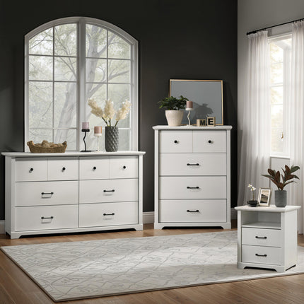 Elara 3-Piece White Bedroom Set with 57' 6-Drawer Dresser, 32' 4-Drawer Chest & 22' Nightstand with USB Charging Ports, Black Metal Handles