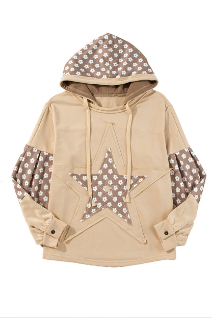 Beau Blue Floral Patchwork Star Pattern Drawstring Hoodie