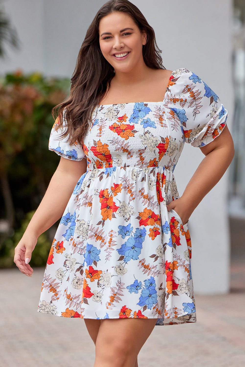 White Floral Smocked Flared Plus Size Dress - Eloy Royal