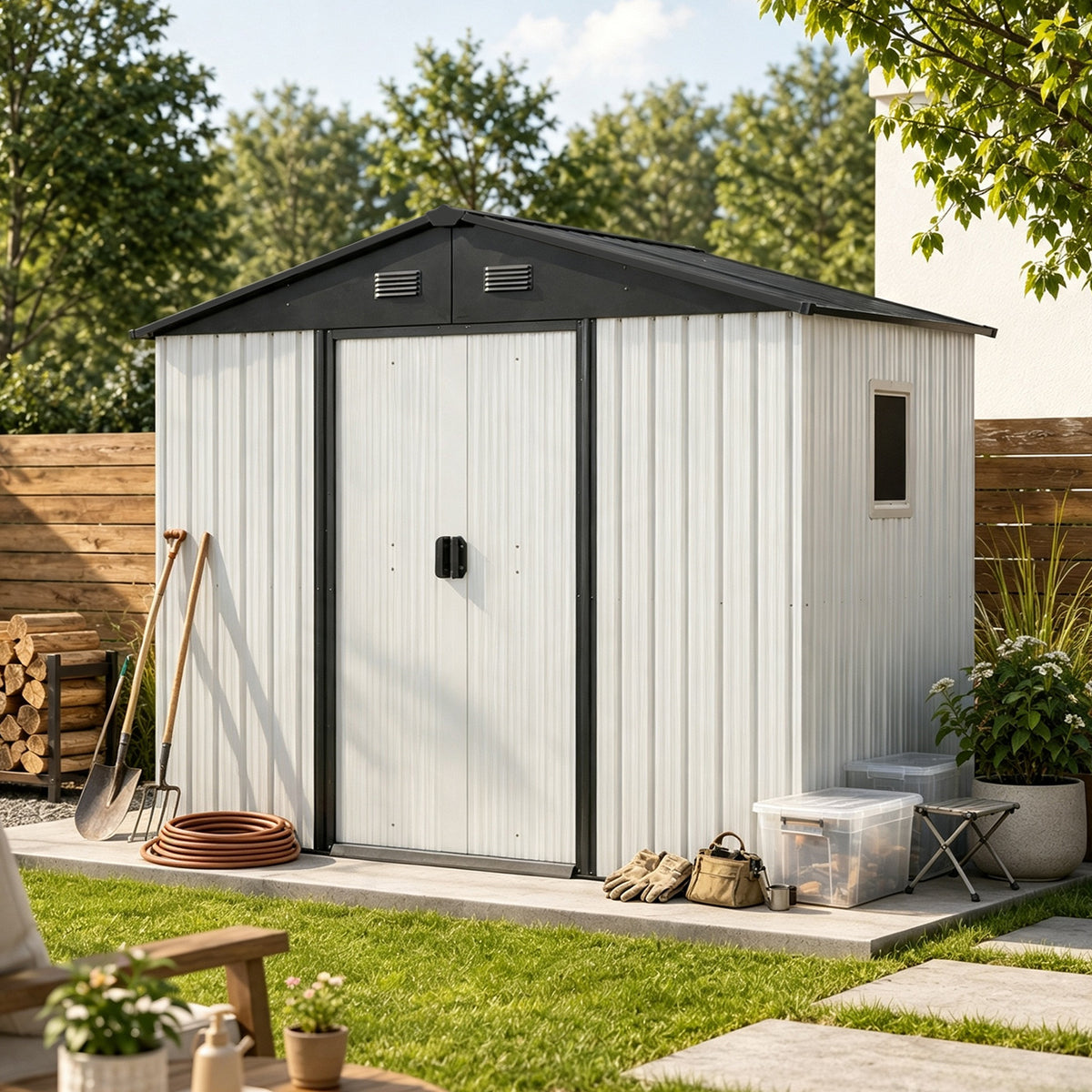 8ft x 4ft Outdoor Metal Storage Shed with Window and Metal Foundation for Backyard, Patio, Lawn --White and Black(W540P185268)