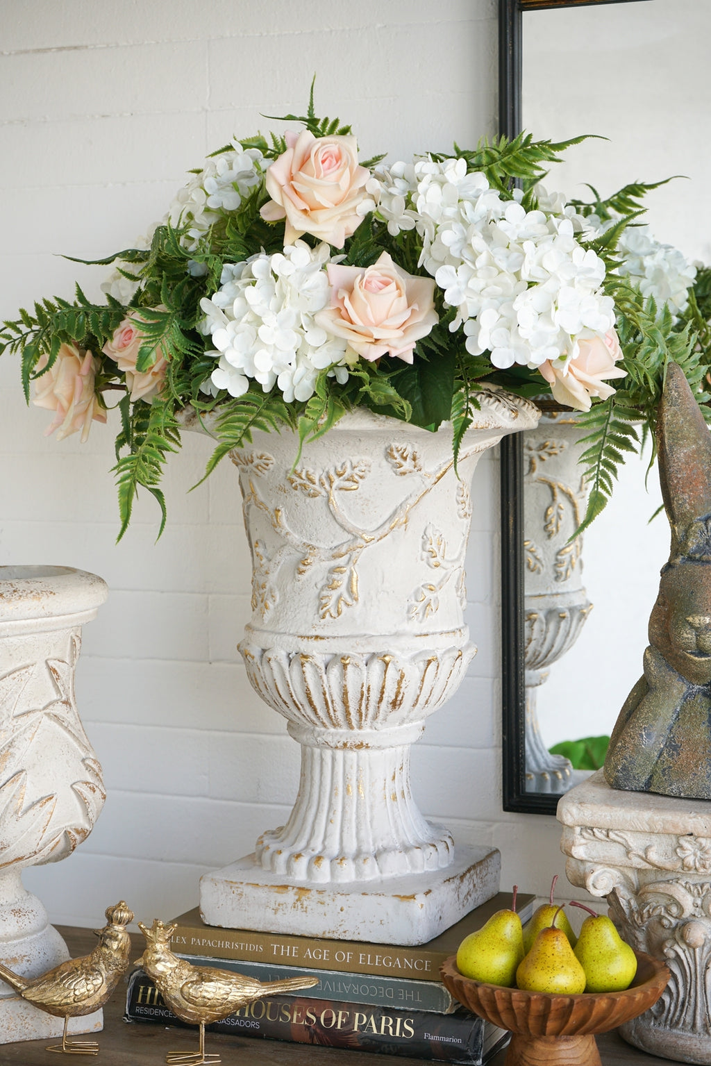 14x14x20.3' Ornate Magnesium Urn Planter with Distressed White Finish and Carved Details