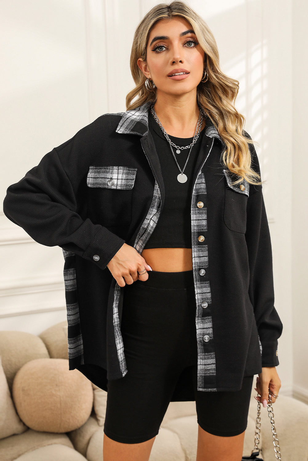 Wholesale Black Plaid and Thermal Waffle Patchwork Shacket - Eloy Royal