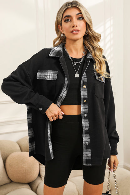 Wholesale Black Plaid and Thermal Waffle Patchwork Shacket - Eloy Royal