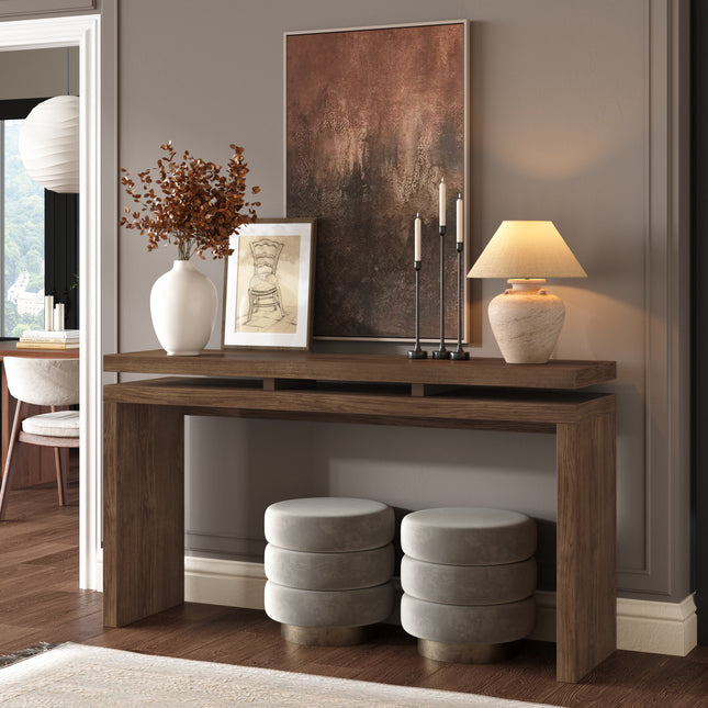 60'' Antique Brown Farmhouse Console Table - Retro Wooden Entryway Table with Double Board Suspension Design, Solid Wood & MDF, Sofa Table for Living Room
