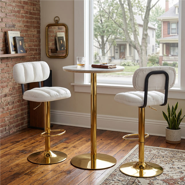 Adjustable Bar Height Set, Round White Marble Pub Table with Gold Chrome Leg & 2 Black Padded PU Leather Bar Stools with Swivel Function, Bistro Set for Small Spaces
