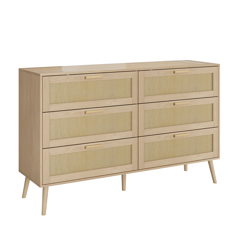 Rattan 6 Drawers Chest Of Dressers For Bedroom,  Modern 6 Drawer Dresser,  Wide Chest Of Drawers With Wood Handles,  Rattan Dresser Storage Cabinet For Living Room,  Bedroom,  Hallway