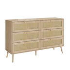 Rattan 6 Drawers Chest Of Dressers For Bedroom,  Modern 6 Drawer Dresser,  Wide Chest Of Drawers With Wood Handles,  Rattan Dresser Storage Cabinet For Living Room,  Bedroom,  Hallway