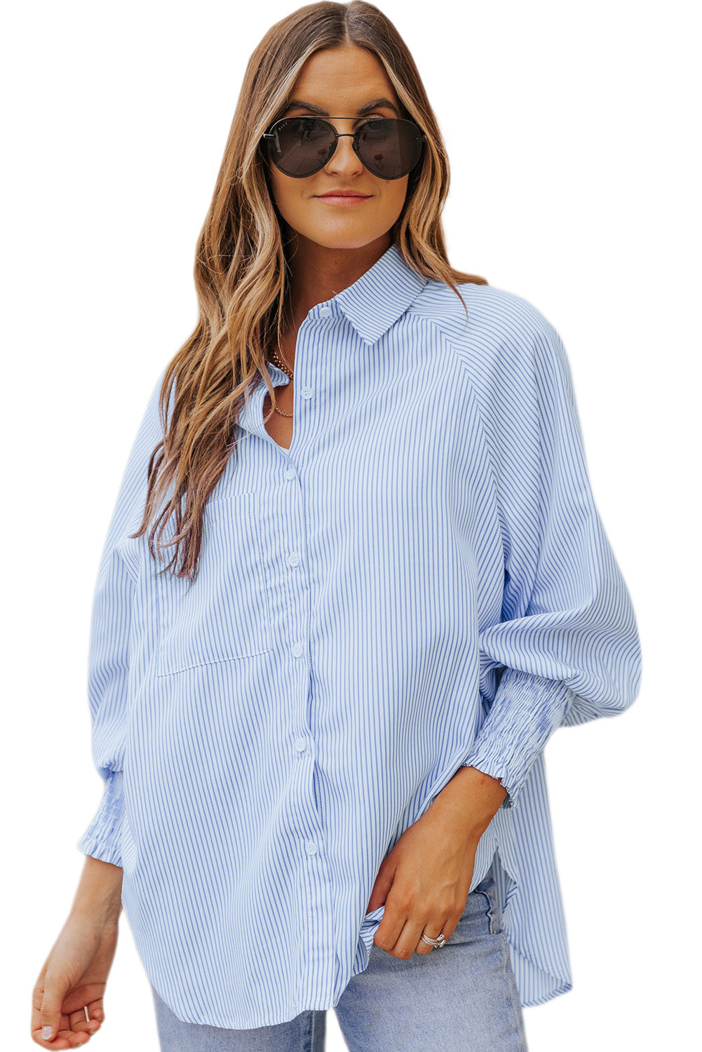 Light Blue Striped Casual Shirred Cuffs Shirt - Eloy Royal