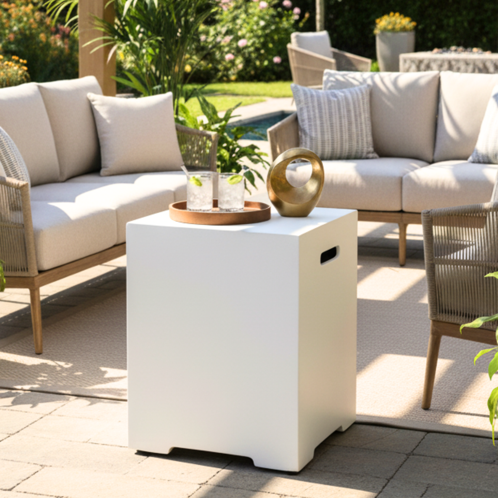 Propane Tank Cover 16 Inch, 20 LB Outdoor Tank Storage Hideaway Table for Gas Fire Pits, Concrete Tank Holder, Side Table, White