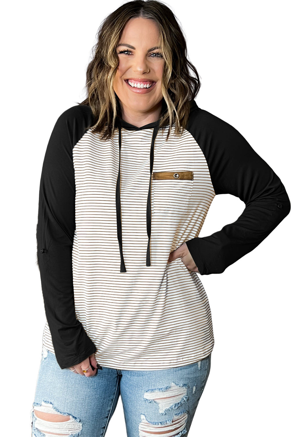 Black Striped Raglan Sleeve Pocket Plus Size Hoodie - Eloy Royal