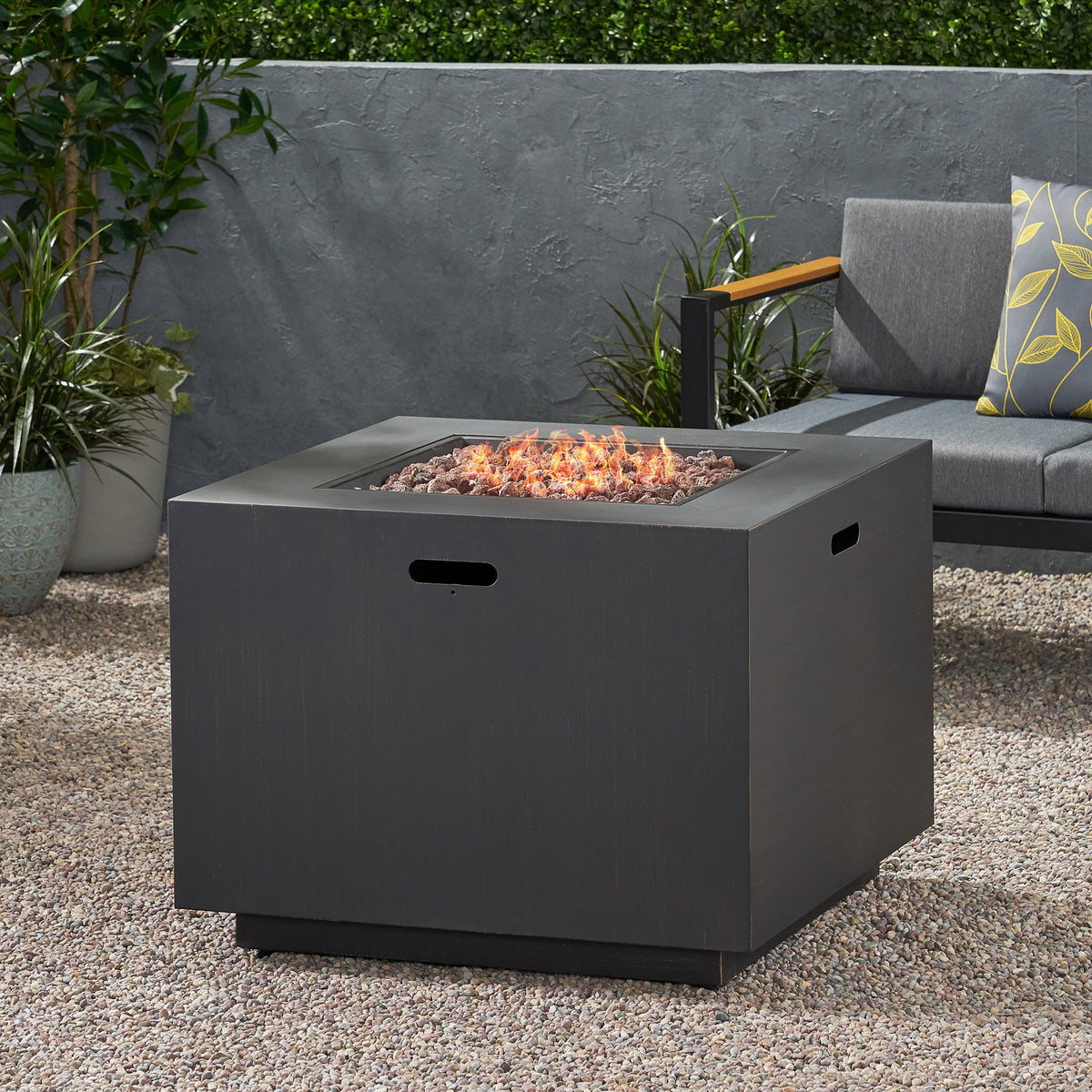 31' Outdoor Iron Square Propane Fire Pit, Tank Inside, Brushed Brown - 50,000 BTU