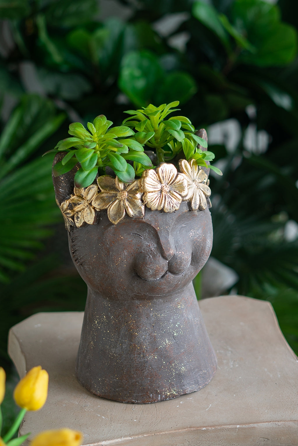 8.5x7.7x12.4' Magnesium Cat Statue Planter with Textured Brown Finish and Gold Leaf Crown
