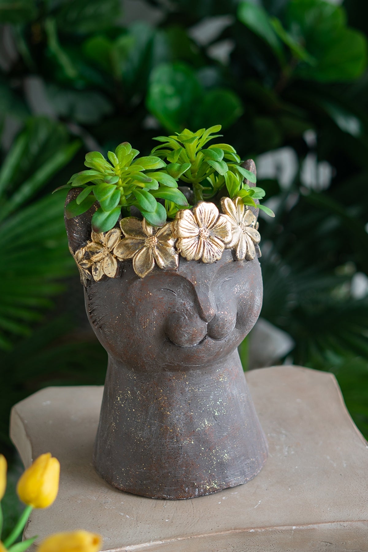 8.5x7.7x12.4' Magnesium Cat Statue Planter with Textured Brown Finish and Gold Leaf Crown