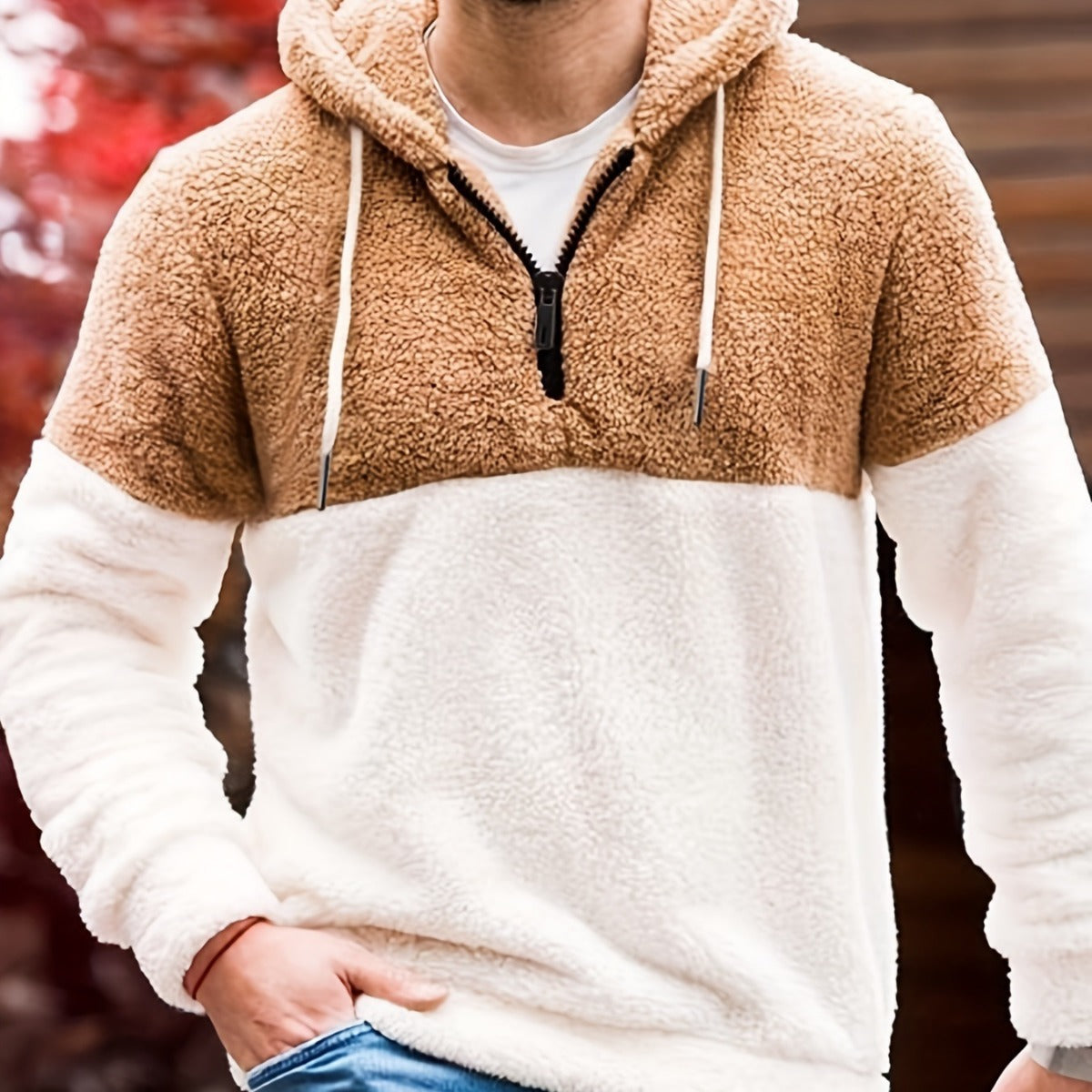 Stitching Half Zipper Hooded Thickened Men's Sweater