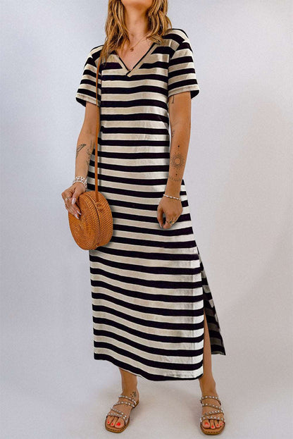 Black Casual Striped Print V Neck Side Split Maxi Dress