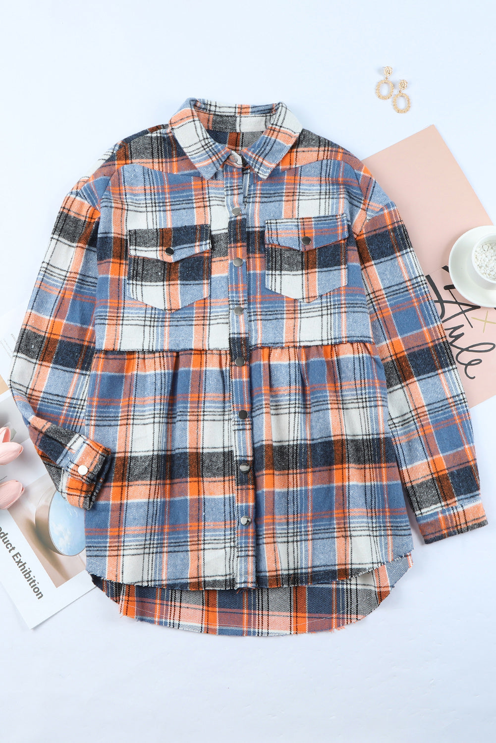 Wholesale Multicolor Plaid Snap Button Casual Raw Hem Shirt Shacket - Eloy Royal