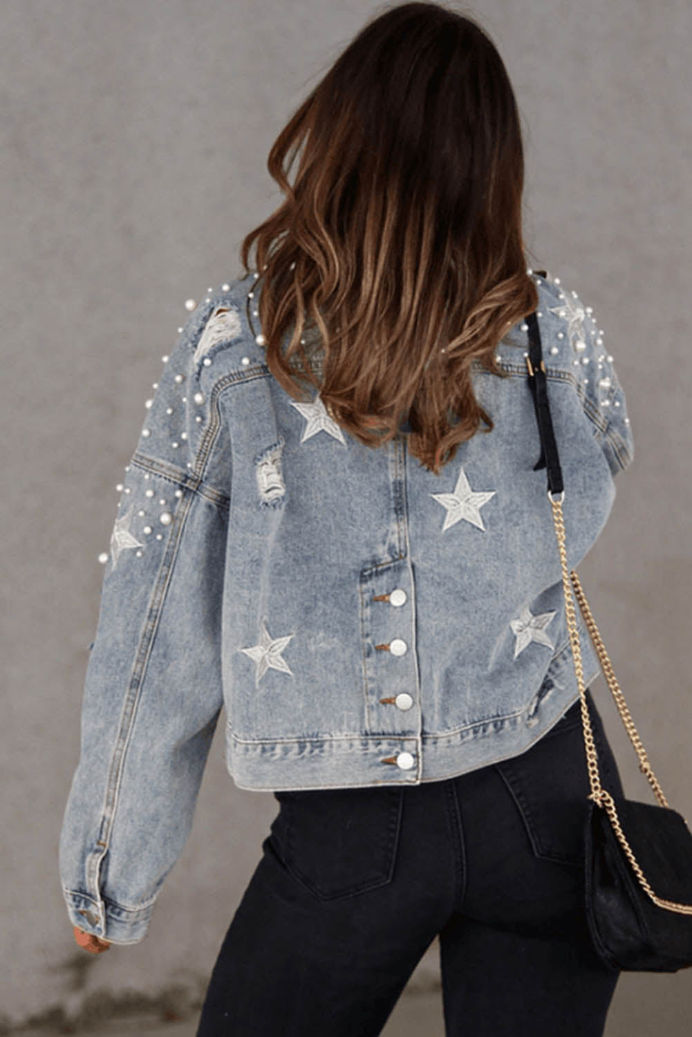 Wholesale Sky Blue Distressed Pearls Star Cropped Denim Jacket - Eloy Royal