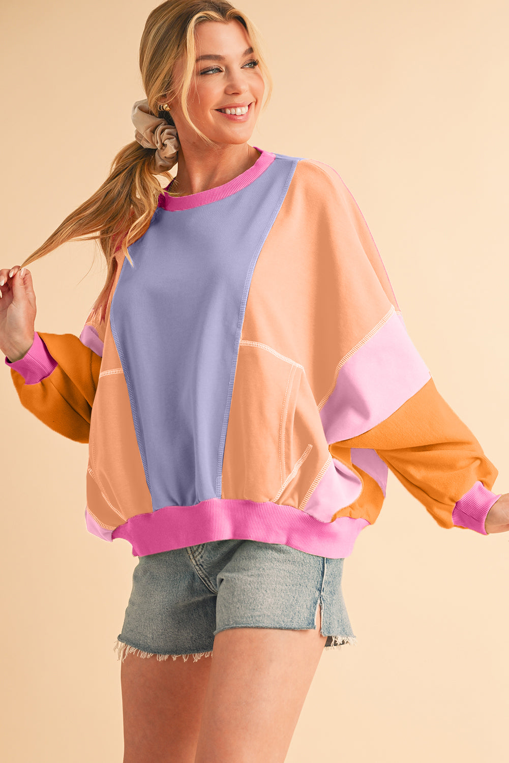 Orchid Petal Colorblock Patchwork Drop Shoulder Top