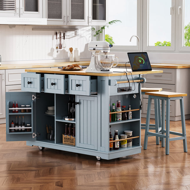 K&K 53inch Large Kitchen Island with 2 Bar Stools,Power Outlet,Door Internal Storage Rack,Kitchen Storage Cart on 5 Wheels with Drop Leaf,5 Open Side Racks,3 Drawers,Grey Blue (Three Packages)