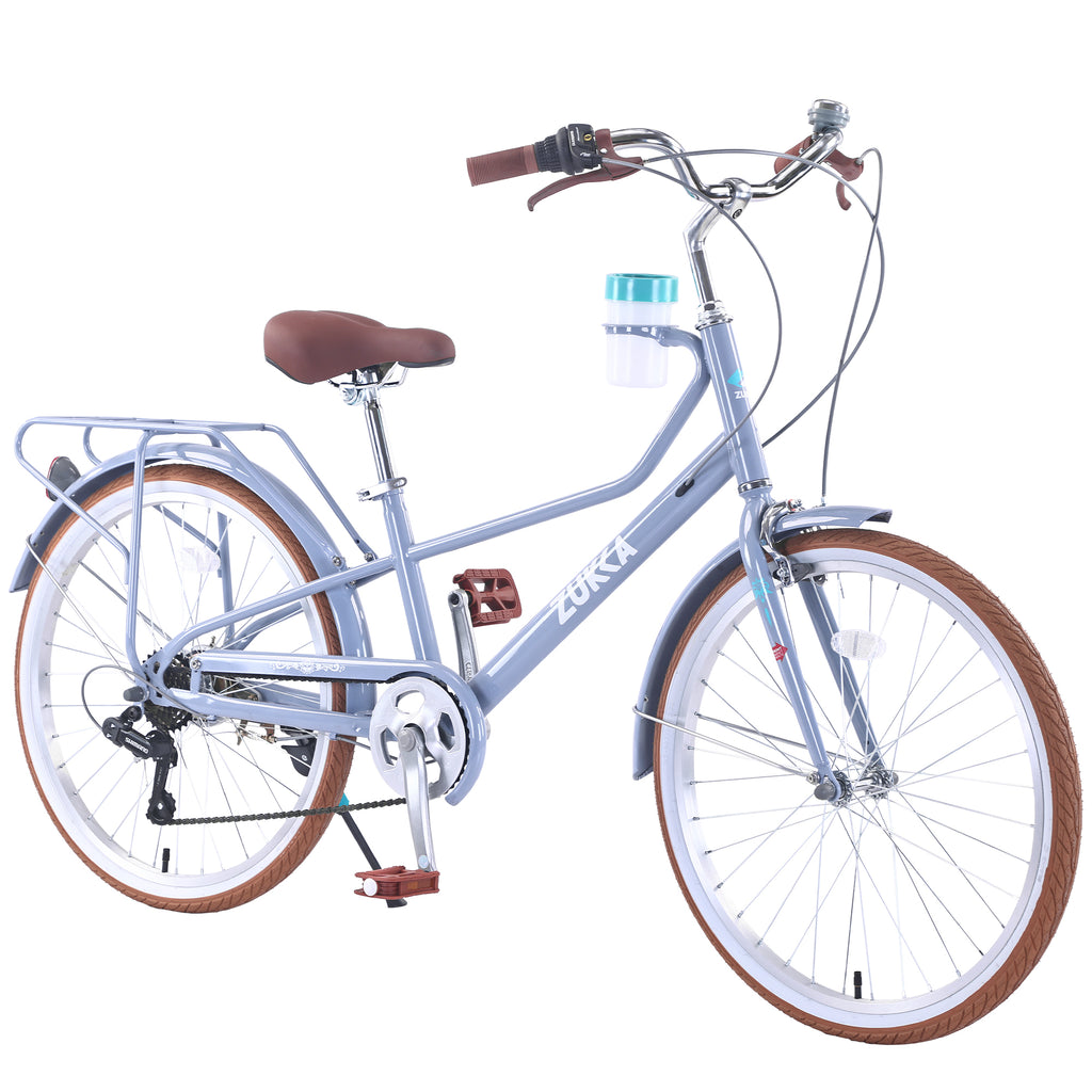 Blue 24 Inch Women's Cruiser Bike with 6-Speed Gear System, Step-Through Steel Frame, Rear Rack & Cup Holder, Adult City Commuter Bicycle