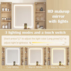 43.5' Fluted Makeup Vanity Desk with Mirror and Lights, Modern Glass Top Vanity Table with 10 Drawers & 2 Transparent Glass Cabinets, Dressing Table Set with Stool and Charging Station, Oak - Eloy Royal