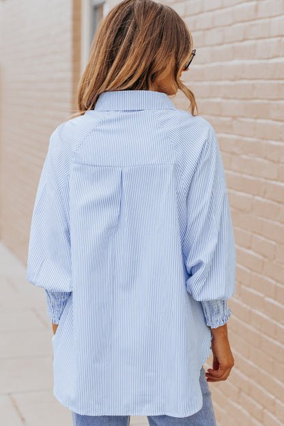 Light Blue Striped Casual Shirred Cuffs Shirt - Eloy Royal