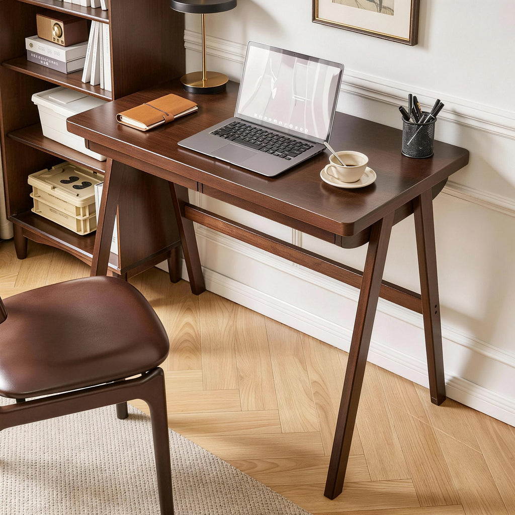 100% Solid Rubber Wood Computer Desk, Retro Walnut Writing Desk with Drawer, Sturdy A-Frame Leg, 39.37'×21.65', 0.71' Standard Thick Home Office Study Table