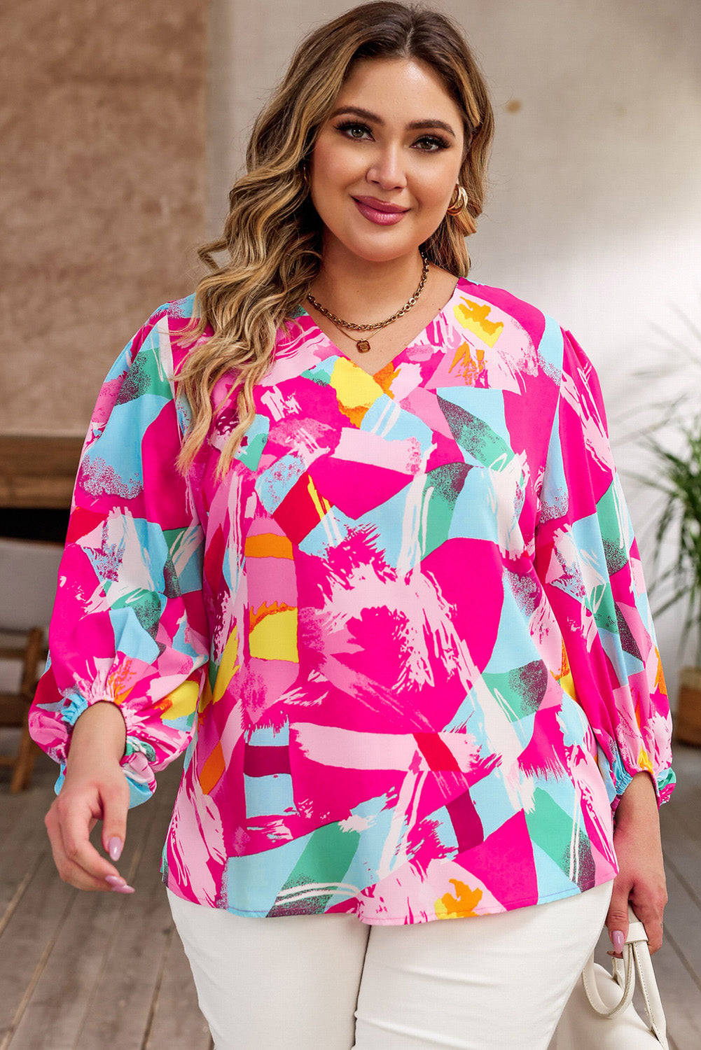 Pink Plus Size Graffiti Print Split Neck Puff Sleeve Blouse - Eloy Royal