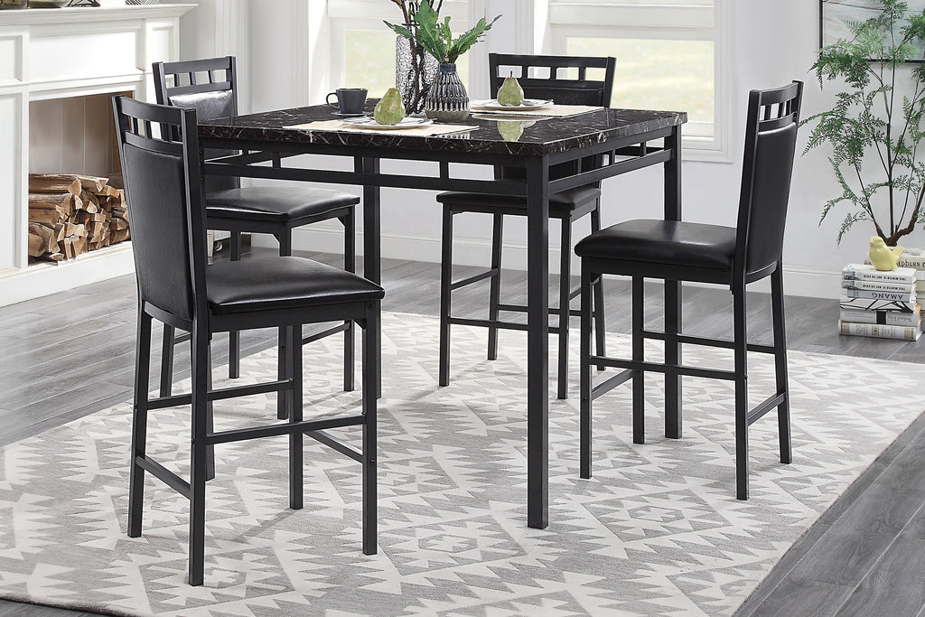 5-Piece Counter Height Set Black Metal Finish Faux Marble Top Table and Counter Height Chairs Kitchen Dining Furniture