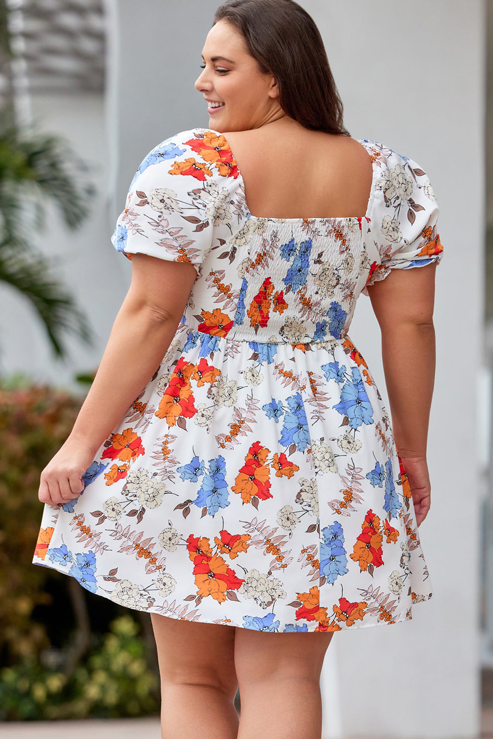 White Floral Smocked Flared Plus Size Dress - Eloy Royal