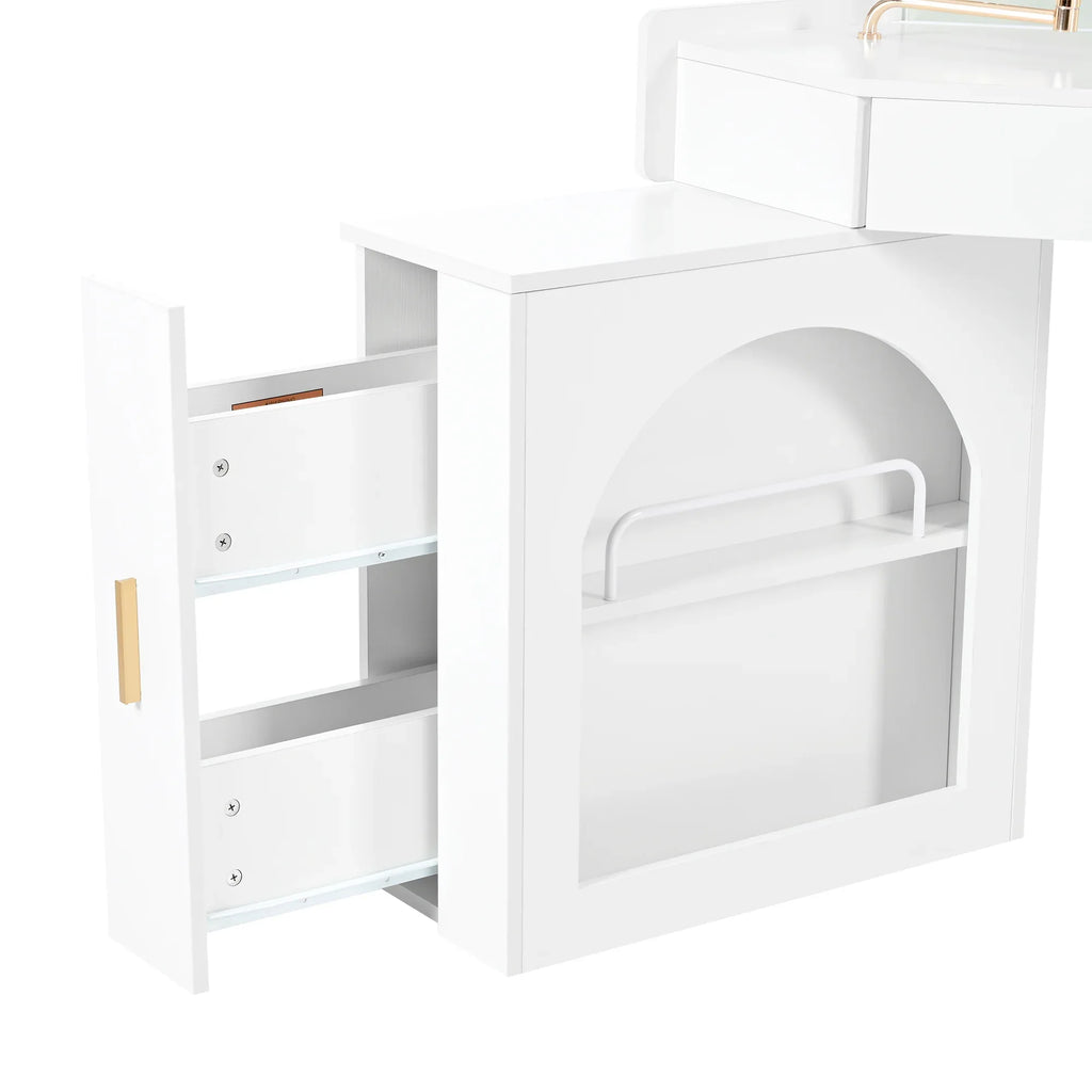 Corner Makeup Vanity Desk With Mirror & LED Lights, Modern Vanity Set With Mirror And Stool, Dressing Table With Large Storage For Small Place, Brightness Adjustable Folding Mirror, White - Eloy Royal