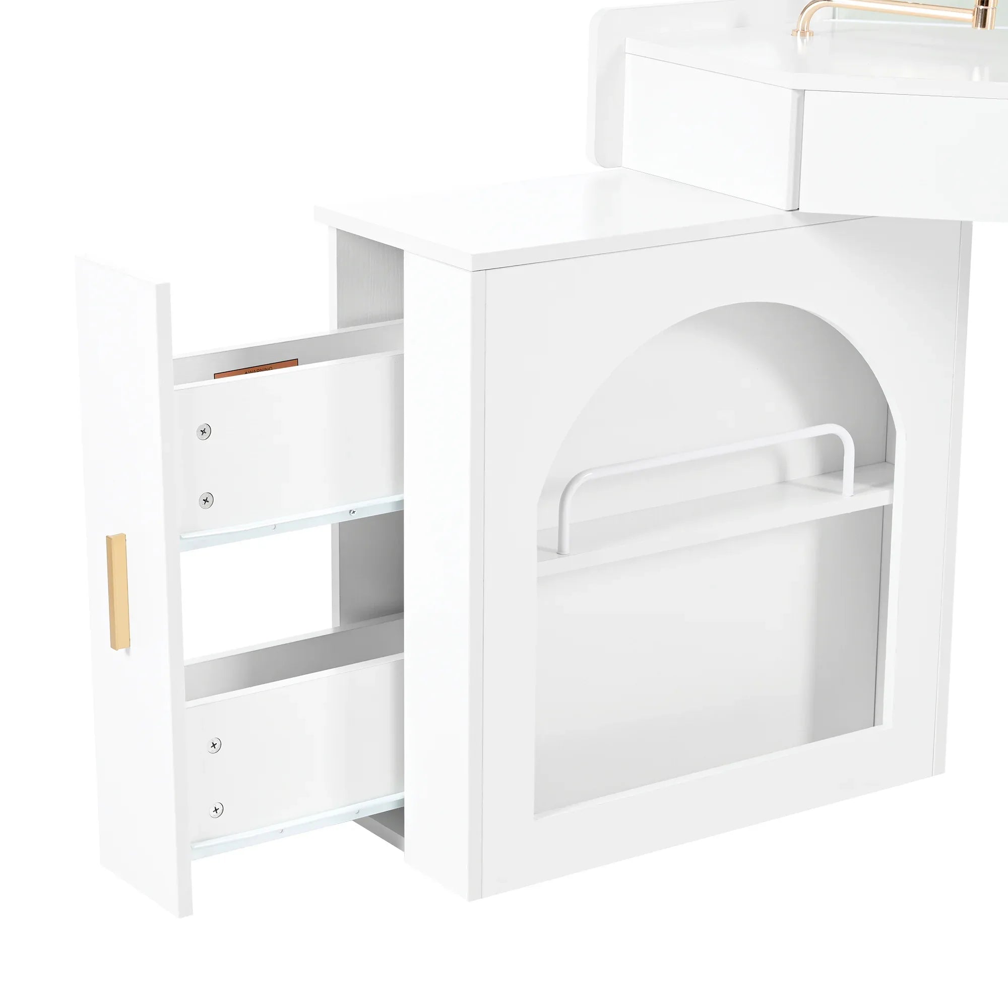 Corner Makeup Vanity Desk With Mirror & LED Lights, Modern Vanity Set With Mirror And Stool, Dressing Table With Large Storage For Small Place, Brightness Adjustable Folding Mirror, White - Eloy Royal