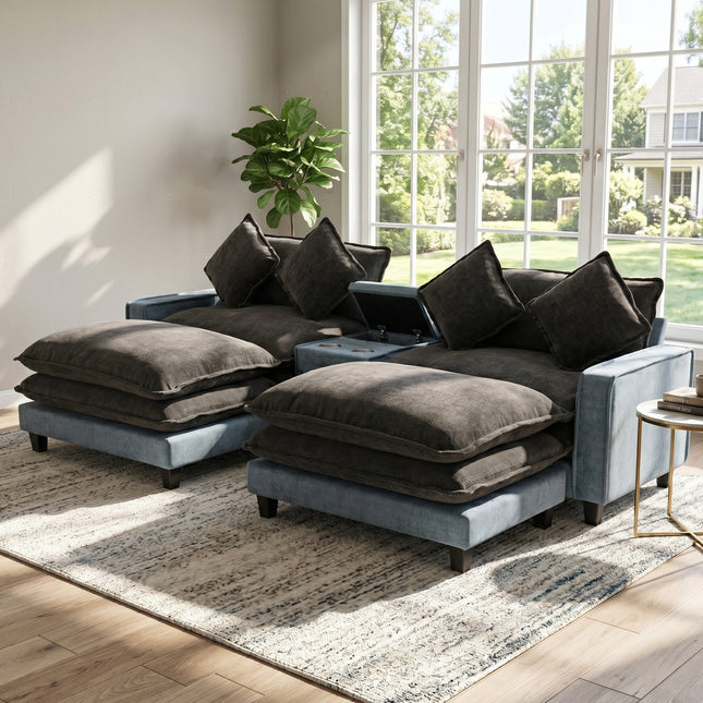 111 in Sectional Sofa Chenille Upholstered Sofa with Two Removable Ottoman