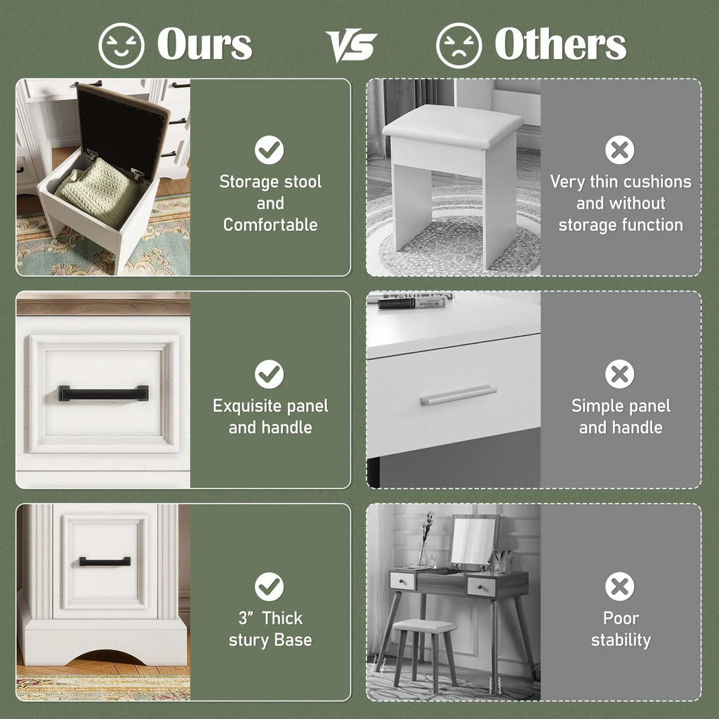 47.2' Farmhouse Makeup Vanity Desk with Sliding Mirror, Large Vanity Set with LED Lights, Dressing Table with Storage Stool and 9 Drawers, Ample Storage, White and Brown - Eloy Royal