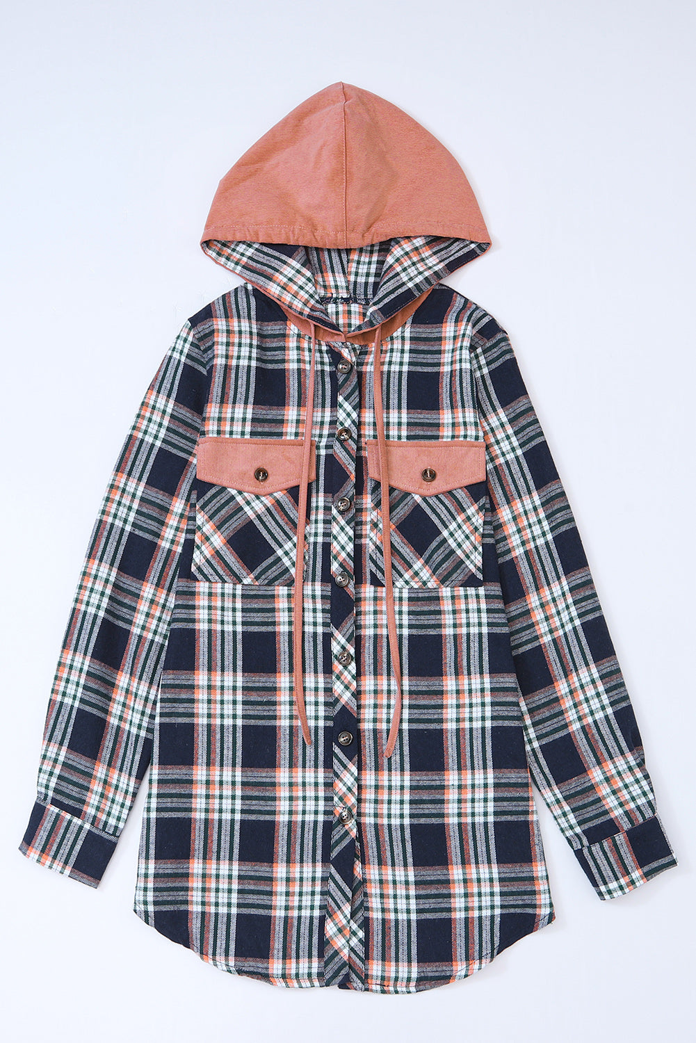 Wholesale Pink Plaid Contrast Hooded Drawstring Shacket - Eloy Royal