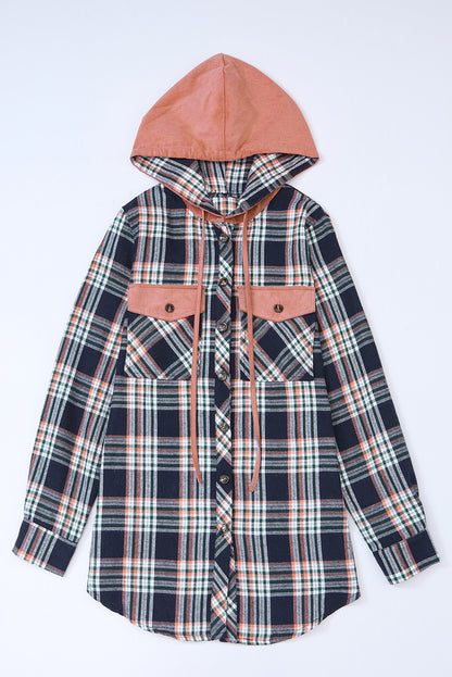 Wholesale Pink Plaid Contrast Hooded Drawstring Shacket - Eloy Royal