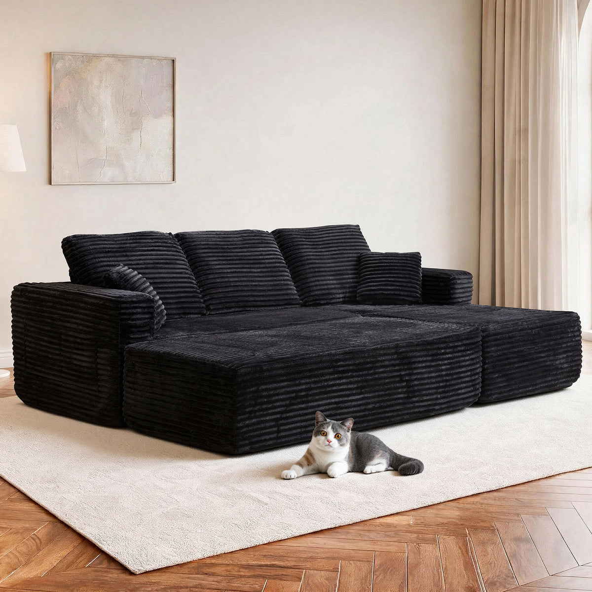 100.39' Modular Sectional Sofa with Long-Shape Chaise,Modern Modular Sofa wite Deep Seat,Free Combination,No Assembly Required,Compressed Packaging,Pocket Spring and Foam,Plush Fabric Black(R-Shape)