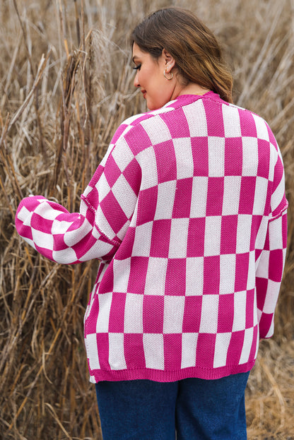 Bonbon Checkered Pattern Open Front Plus Size Cardigan - Eloy Royal