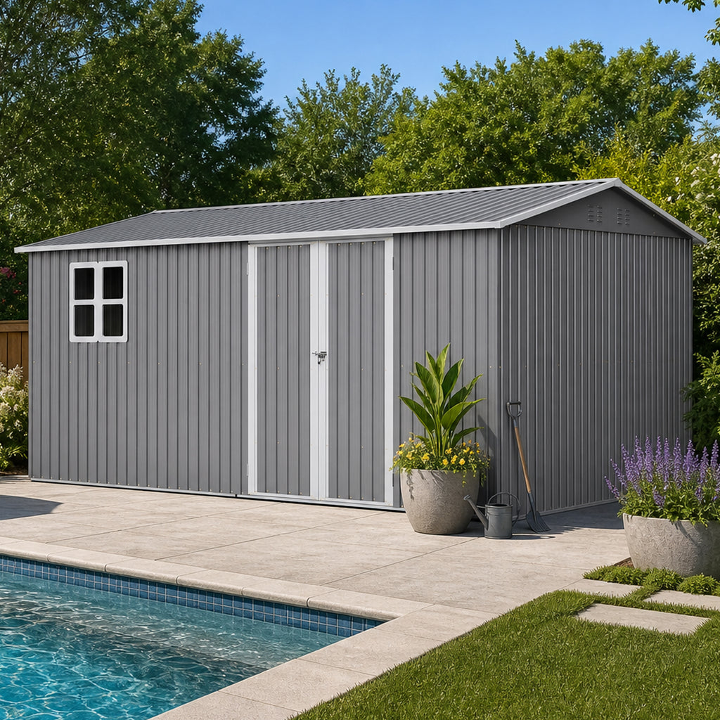 14x10 FT Outdoor Storage Shed, 780 cu.ft Large Metal Tool Shed with Built-in Foundation Frame, Double Doors & Air Vents, Galvanized Steel Sloped Roof – For Backyard, Patio, Poolside, Garden