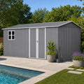 14x10 FT Outdoor Storage Shed, 780 cu.ft Large Metal Tool Shed with Built-in Foundation Frame, Double Doors & Air Vents, Galvanized Steel Sloped Roof – For Backyard, Patio, Poolside, Garden