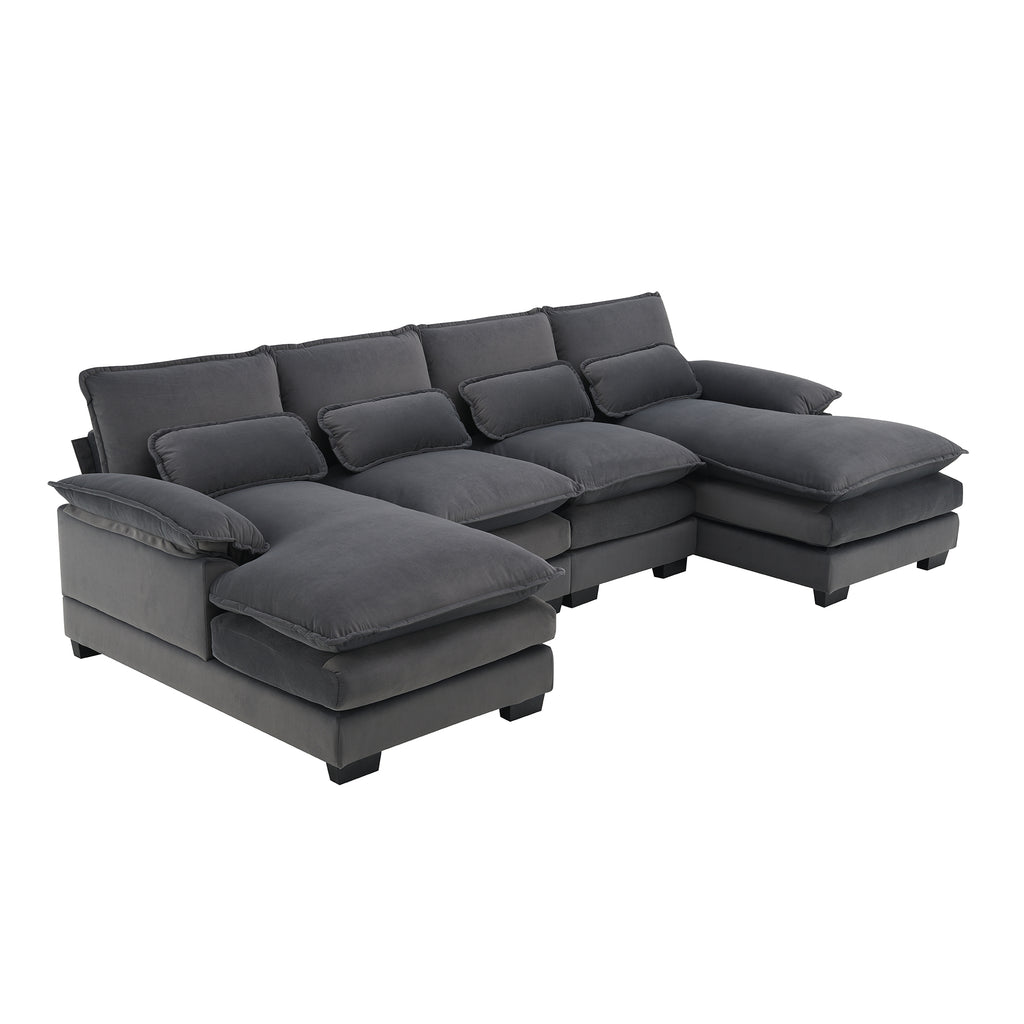 Modern U-shaped Sectional Sofa with Waist Pillows, 6-seat Upholstered Sleeper Sofa with Chaise Lounge in Velvet, 109.8*55.9', Gray