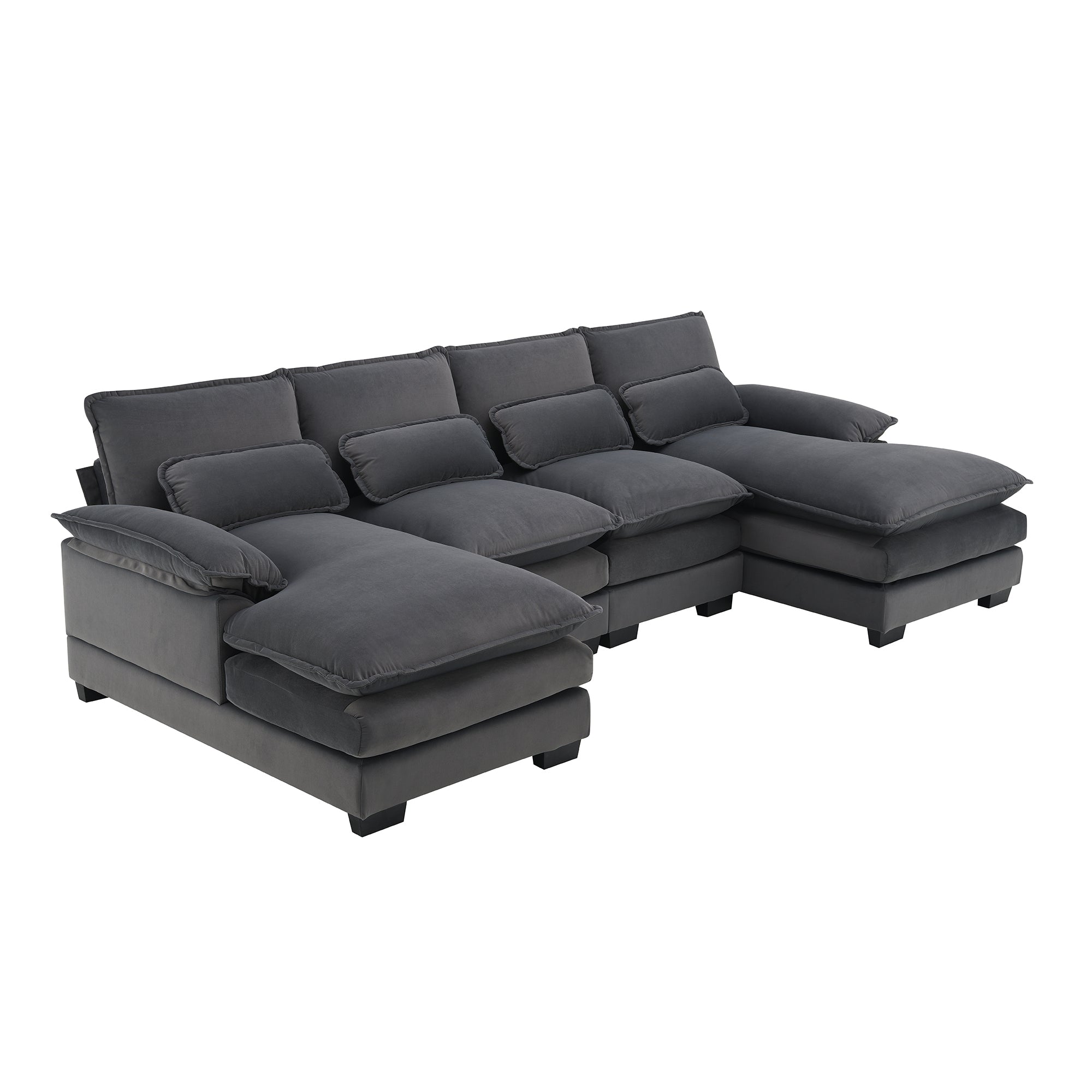 Modern U-shaped Sectional Sofa with Waist Pillows, 6-seat Upholstered Sleeper Sofa with Chaise Lounge in Velvet, 109.8*55.9', Gray