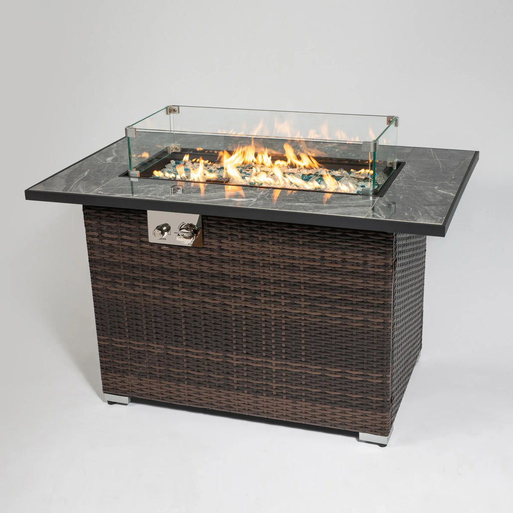 44' Propane Gas Fire Pit Table, 50000 BTU Rectangular Fire Pit, Tile Tabletop with Beautiful Wicker Base for Outside Patio Deck Garden Courtyard-Brown - Eloy Royal