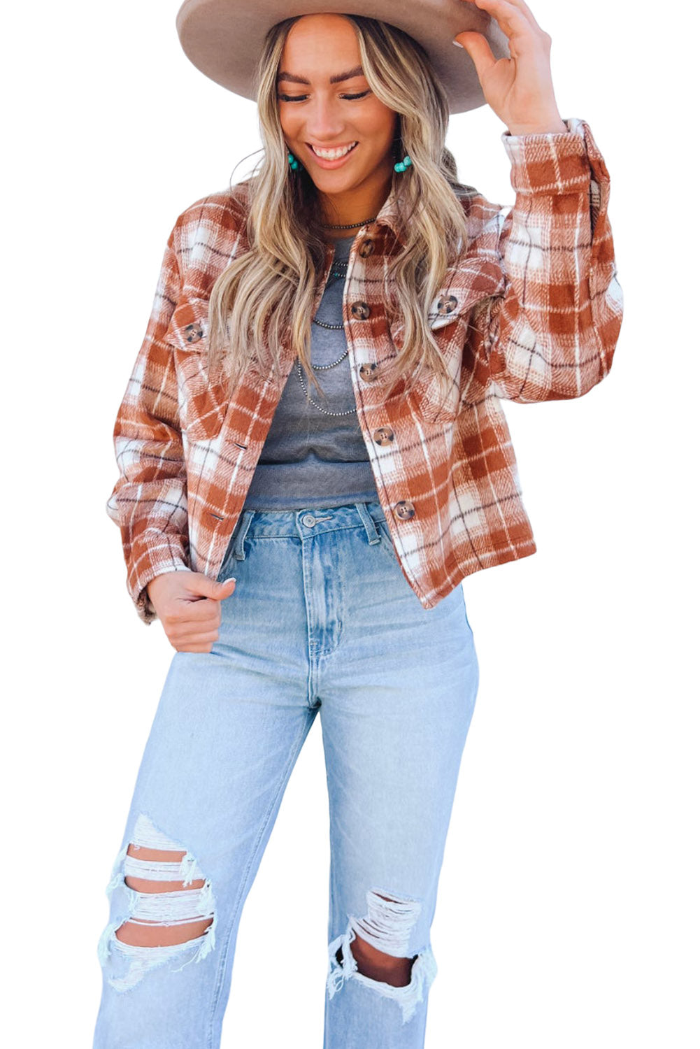 Wholesale Orange Plaid Button-Up Flap Pocket Cropped Jacket - Eloy Royal