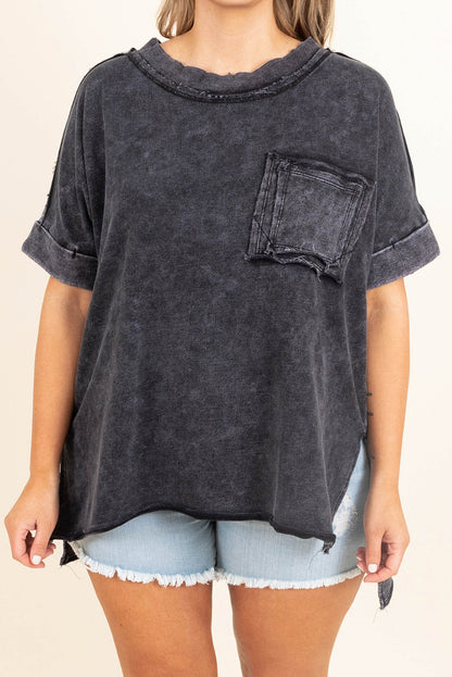 Wholesale Gray Mineral Wash Distressed Slit Patch Pocket Oversize Tee - Eloy Royal