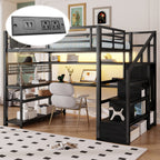 Full Size Loft Bed with Staircase and Wardrobe, Metal Loft Bed with Desk, Storage Shelves, LED Lights and Charge Station,Black(Expect Arrival Date 2026/2/12)
