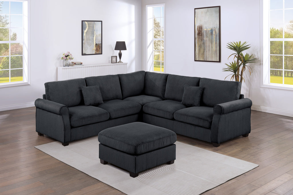 4pc Sectional Set Matching Pillow Cocktail Ottoman Corner Wedge Right And Left Arm Loveseat Corduroy Upholstered Black Finish Primary Living Room