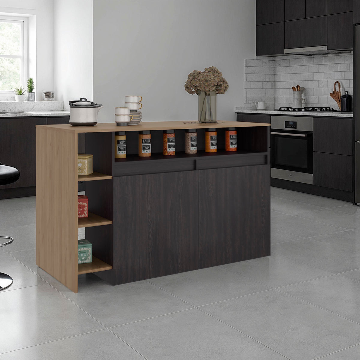 Elgin Kitchen Bar Counter with Ample Storage and Shelves, Black Wengue / Natural Oak